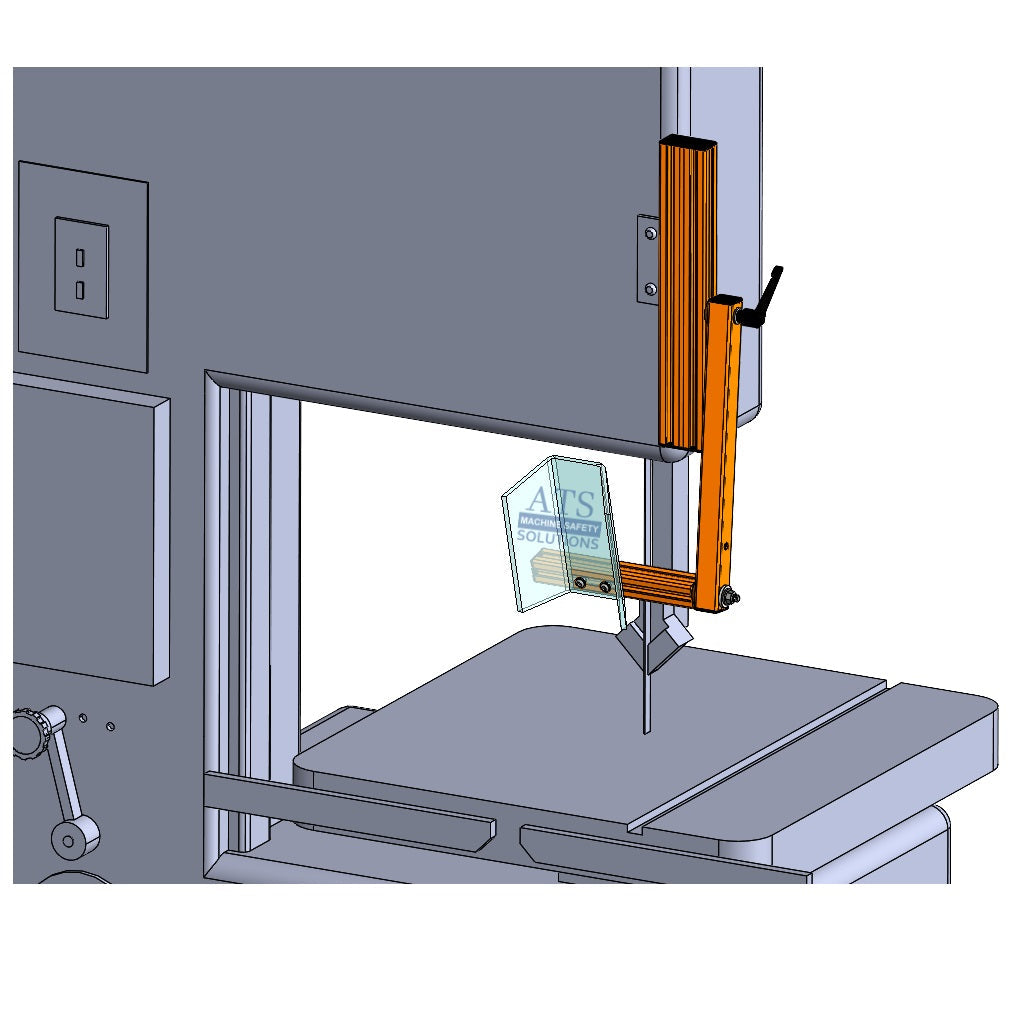 Vertical band saw guard ISO view, shield open (180° flip)